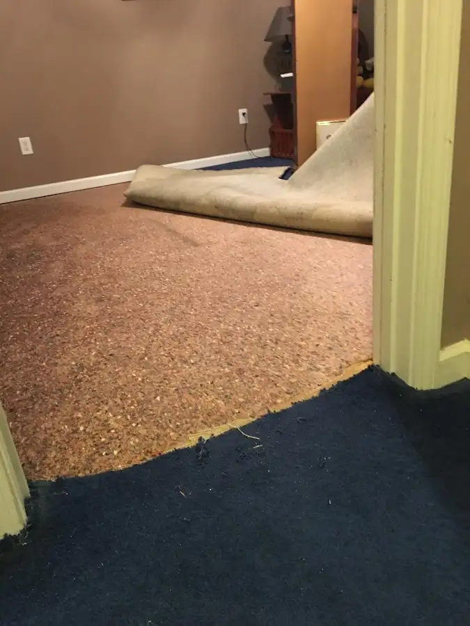 Carpet pad removal revealing water damage during Water Mitigation Services in Raymond
